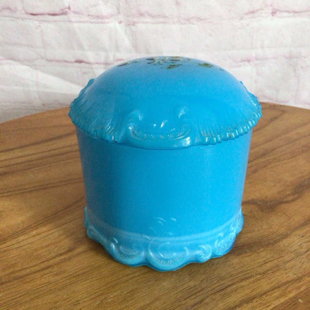 Antique Blue Slag Milk Glass Covered Round Trinket Dish